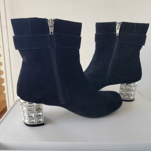 Joan Boyce Black Suede Ankle Boots 6M – Rhinestone Heel & Buckle Glam / Size:6M - Picture 4 of 11